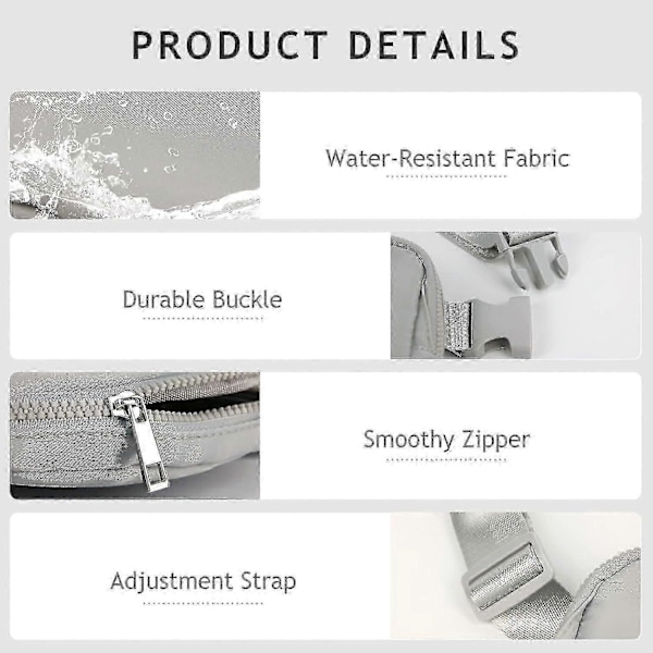 Crossbody mageveske for kvinner og menn, overalt belteveske med justerbar stropp, for utendørs fotturer, løping, reise, fritid, grå