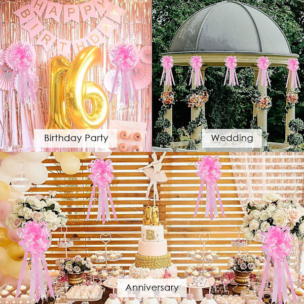 10 rosa band-dragbågar för presentkorgar, blomsterarrangemang, bröllopsbilar och festdekorationer