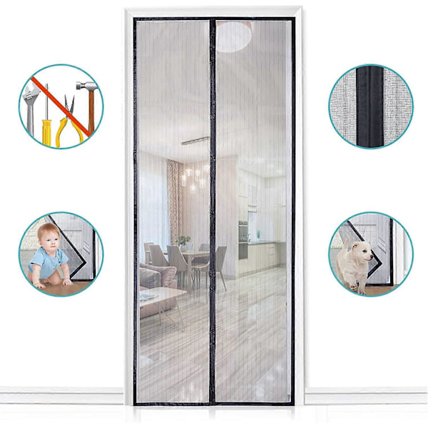 Magnetisk myggenet til dør, netgardin, magnetisk forsegling fra top til bund med selvlukning, holder frisk luft inde (90x210cm, sort)