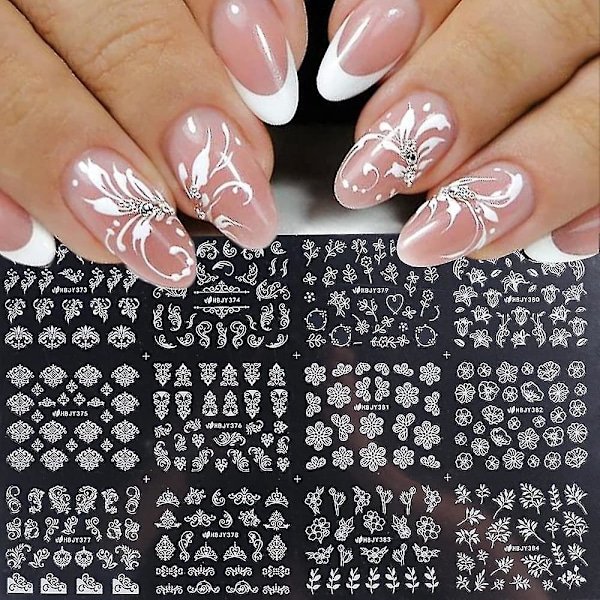 Vita 3D Blommiga Nageldekaler - Självhäftande Blommönster för DIY Manikyr
