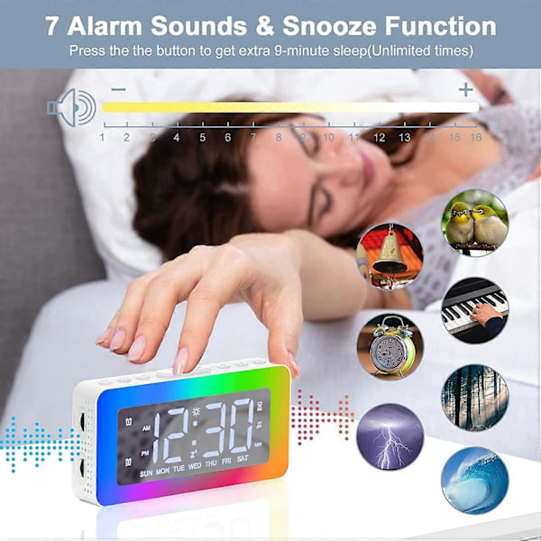 Digital Väckarklocka med 2 Alarm, LED Digital Spegelklocka med 8 Ljuslägen, Snooze, Sömnhjälp, Timer, Elektronisk Väckarklocka med Kontinuerlig