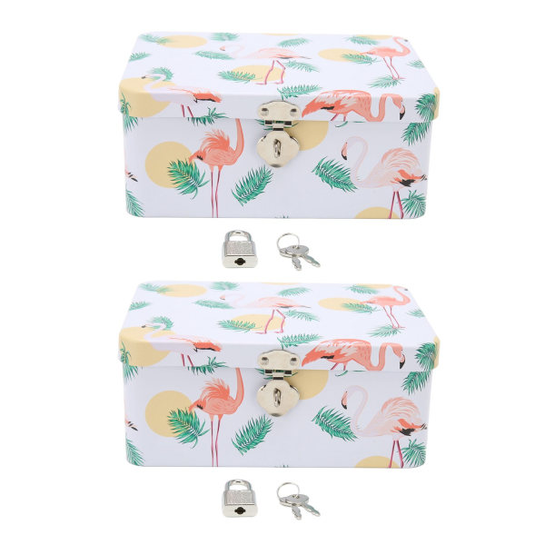 2 stk. Oppbevaringsboks med tinnplate Flamingoløvmønster Flerbruks rektangulær boks med låser Nøkler til familiekontor