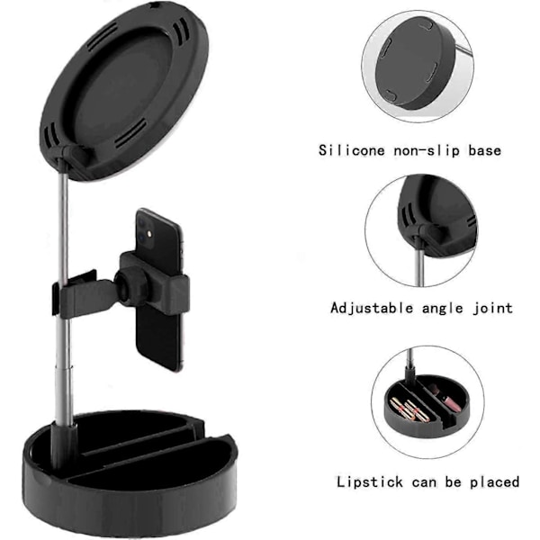 2025 Egnet LED Ring Light Sammenleggbar Fyllys med Speil Mobiltelefonholder med 3 Lysmoduser Skalerbar