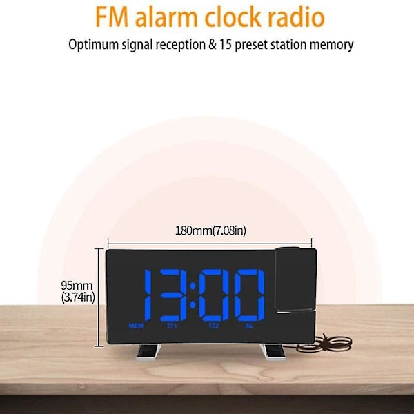 Projektionsväckarklocka, Digital Klockradio med USB-laddare, 0-Dimmer Full Range, Dubbel Väckarklocka för Tunga Sovare, Snooze