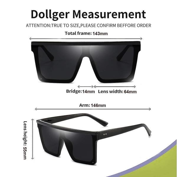 Överdimensionerade fyrkantiga solglasögon för kvinnor och män - Fashionabla skärmar med stor båge i svart båge med svart lins