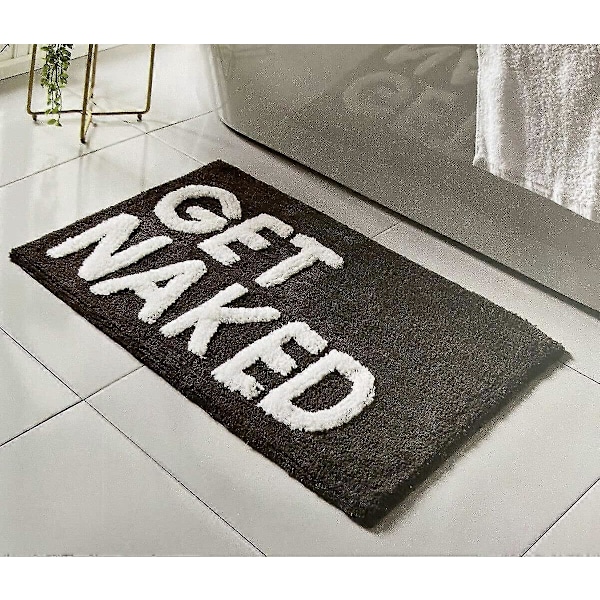 Halkfri Badrumsmatta i Svart & Vitt - Vattenabsorberande Badrumsmatta med Get Naked-text - Supermjuk