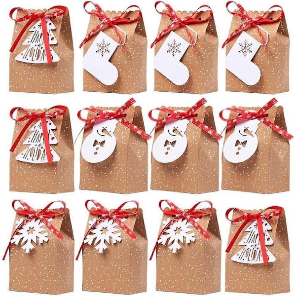 Jule Kraft Papir Gaveposer, 24 stk. Jule Kraft Gaveæsker (6 Stilarter 12*7*18,5 cm)