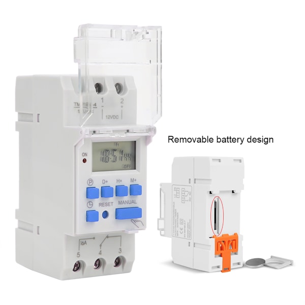 Viikkoajastinkytkin 12 V DC 16 A LCD-näyttö, jossa on irrotettava akku