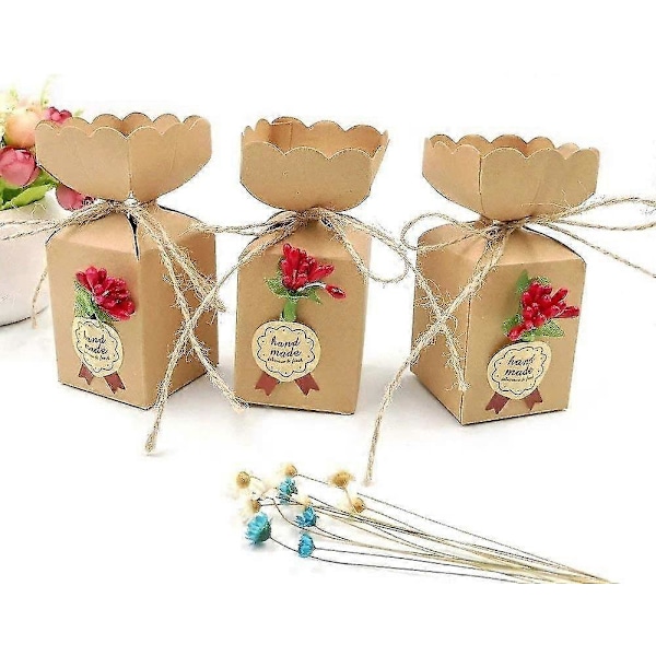 50 Kraft-laatikkoa + Juuttinarua + Kukkia + Tarroja, Paperinen Karkkilaatikko Häihin Syntymäpäivään Jouluun Babyshoweriin Valmistujaisiin Lastenpäivälahjoihin