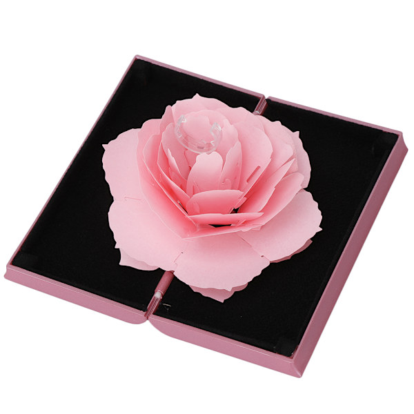 3D Ros Pop-up Ringask Bröllopsförlovningssmyckesförvaringsställ Ringhållare (Rosa)