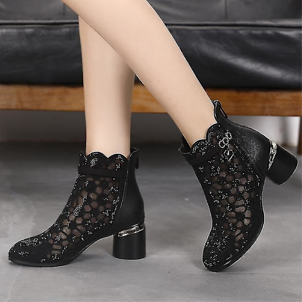 Mesh Hollow Chunky Heel Ankle Boots Dammode Sandaler40 SVART