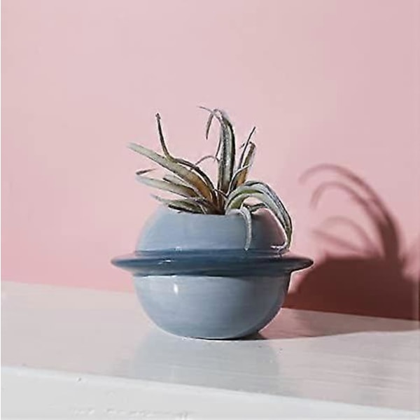 Set med 2 keramiska blomkrukor - För suckulenter - Kreativ - Mini Planet - Dekorativ blomkruka för inomhus eller balkong - Blå
