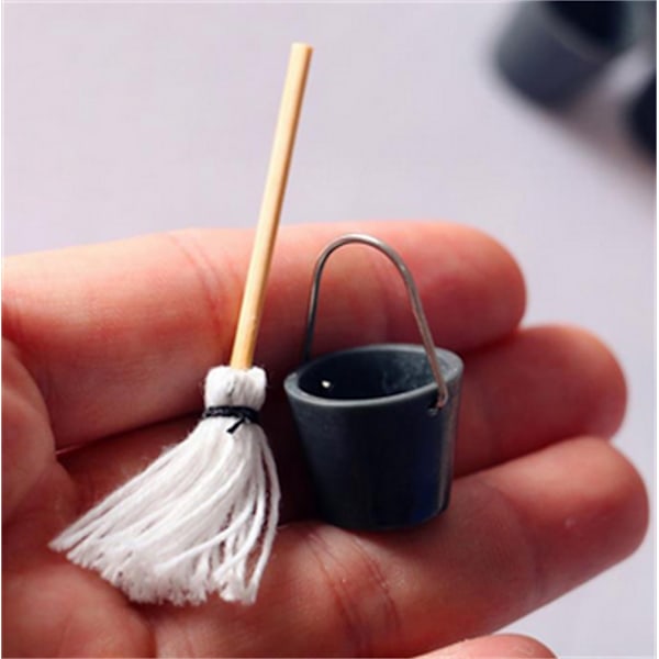 Dukkehuse Miniature Mop Spand Dollhuse Rengøringsværktøj Realistisk Mini Mop Spand Sæt Køkken Hjem Tilbehør