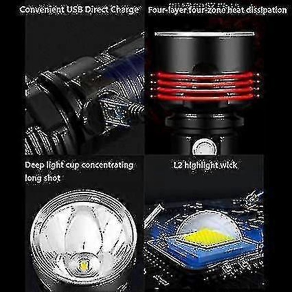 Hög Effekt LED Vattentät Ficklampa - 30000-100000 Lumen, 3 Lägen, USB Uppladdningsbar