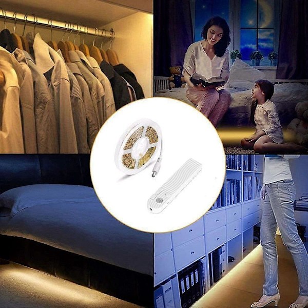 Skåpbelysning, 3M/10FT LED Garderobsbelysning med Rörelsesensor, USB Uppladdningsbar, Auto På/Av, Dimbar, 6000K Kallvit Skåplampa för
