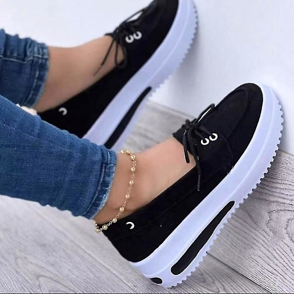 Sommer Platform Snørebånd Kvinders Sportsko, Komfortable Anti-Slip Loafers, Sort, Størrelse 41-43