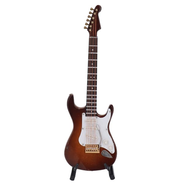 Miniatyr Elgitarr Kaffefärg 7.1in Lång Träbelagd Yta Minigitarrmodell med Hållare Box för Bord
