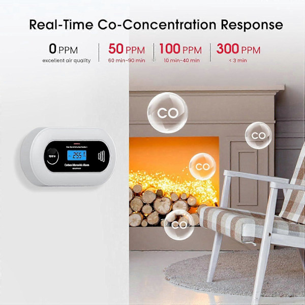 Kolmonoxidvarnare med Digital LCD-Display, Batteridriven CO-detektor för Hemmet.