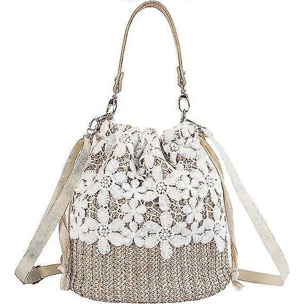 Flowers Straw Väska Crossbody Väska Korgväska Kvinnor Flickor Dragsko Spets Vävd Handväska Sommar Strandväska Rattan Boho Semester Hink