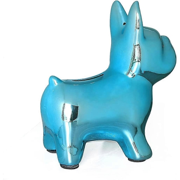 Keramisk Bulldog Spargris för Pojkar Flickor, Pengabox för Barn, Myntbank Minnessak med Plastpropp, Fransk Bulldog Sparbössa, Barnrumsinredning (Blå)