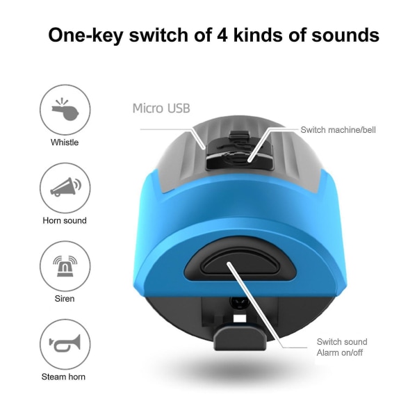 Blå Mini Størrelse Vanntett elektrisk sykkelhorn med alarmfunksjon og lading