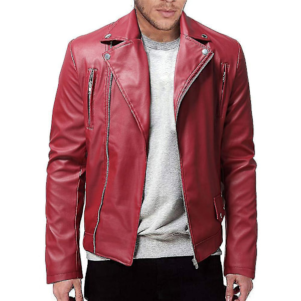 Röd Slim Fit PU-Läder Biker MC-Jacka för Män