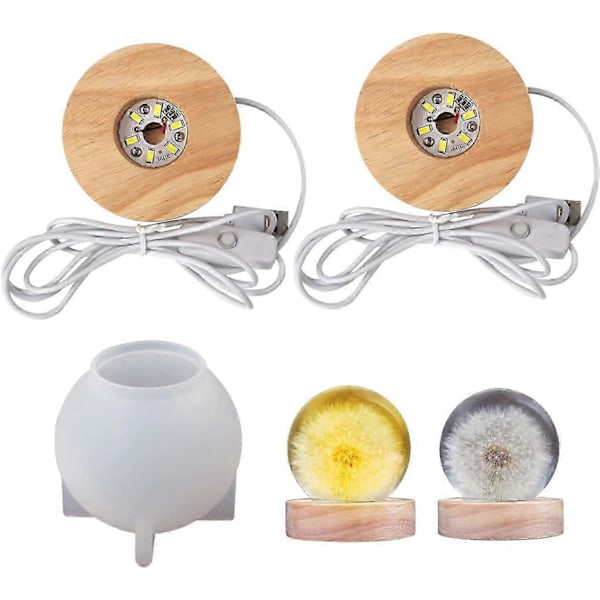 Rund Lysende Resin Form, DIY Silikonekugle med Lampeholder, LED Belyst Træbase Epoxy Resin Form, Natlys Resin Kunst Dekoration_SZXM