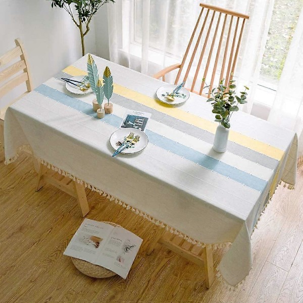 Rektangulär bordsduk i bomull och linne, enfärgad rutig broderi tofs bomull linne bordsöverdrag för kök matbord dekoration (140x180cm, Blå/Y