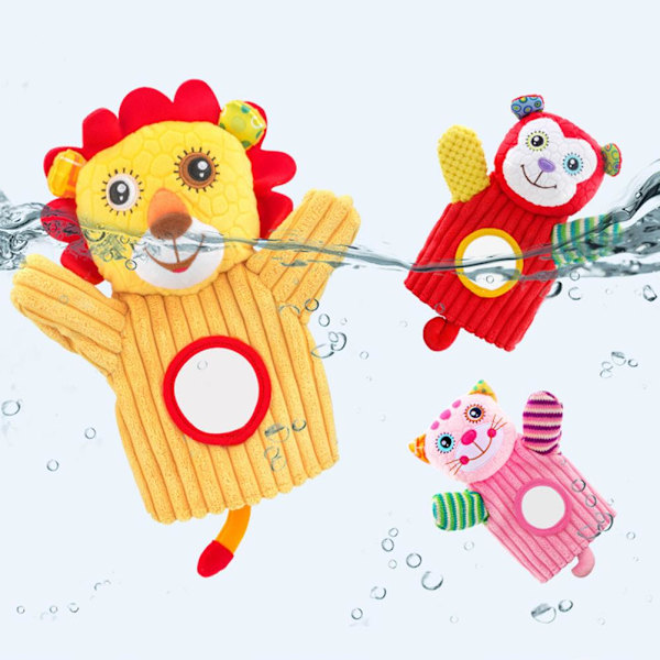 Cartoon Animal Puppet med Ring Rattles och Distorting Mirror för Storytelling Teaching Rollspel Förskola