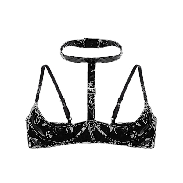 Sexet Wet Look Laklæder Lingerie Halter Top med Justerbare Spaghetti Stropper og Åbne Kopper S Sort