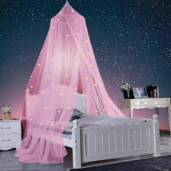 1 Sæt Selvlysende Polyester Stjerner Prinsesse Dome Sengehimmel Pink S
