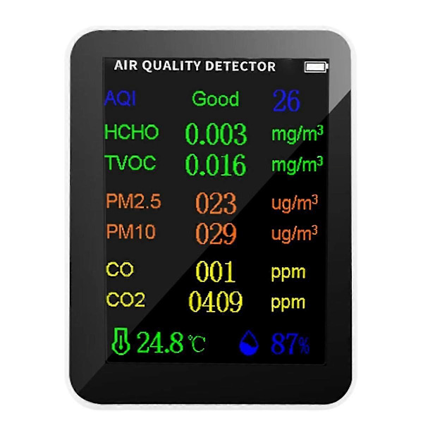 9 i 1 Portabel Luftkvalitetsmätare PM2.5 PM10 CO CO2 TVOC HCHO Temperatur Fuktighet Testare Färgskärm
