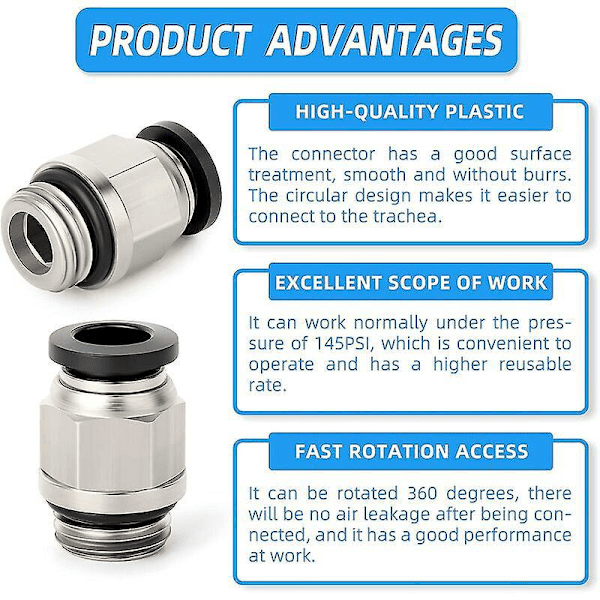 10 stk. Han-Straight 6mm Rør OD x 1/8\" BSP Gevind Push-In Hurtigkobling Med Pakninger (PC6-01)