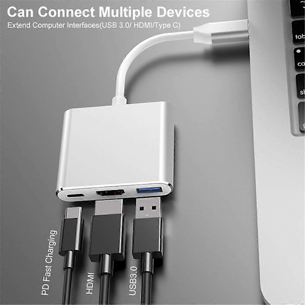 3-in-1 USB C - HDMI -sovitin, Type C -keskitin HDMI 4K -muunnin USB 3.0 -portilla ja USB C -latausportilla, yhteensopiva MacBook Pron ja iPad Pro 2020/201 kanssa