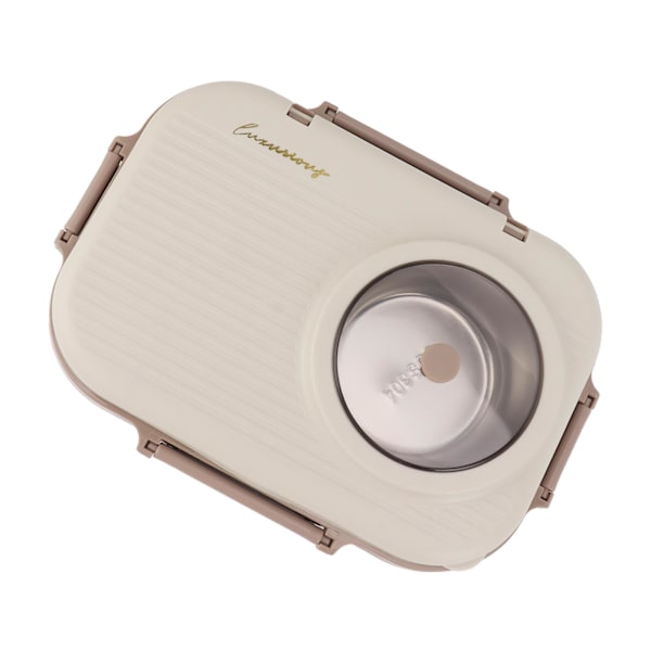Rostfri lunchlåda med soppskål sked ätpinnar beige läckagesäker bärbar Bento lunchlåda för camping picknick 3 fack 1100ml