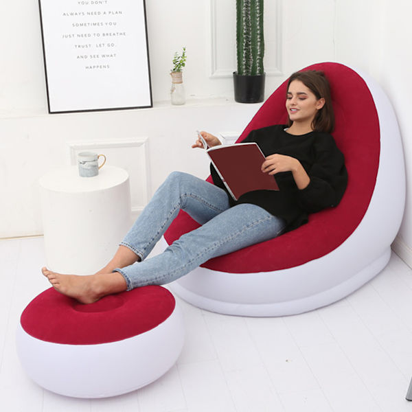 Uppblåsbar stol hopfällbar flockning PVC bekväm med fotpall uppblåsbar loungestol för utomhuscamping resor röd