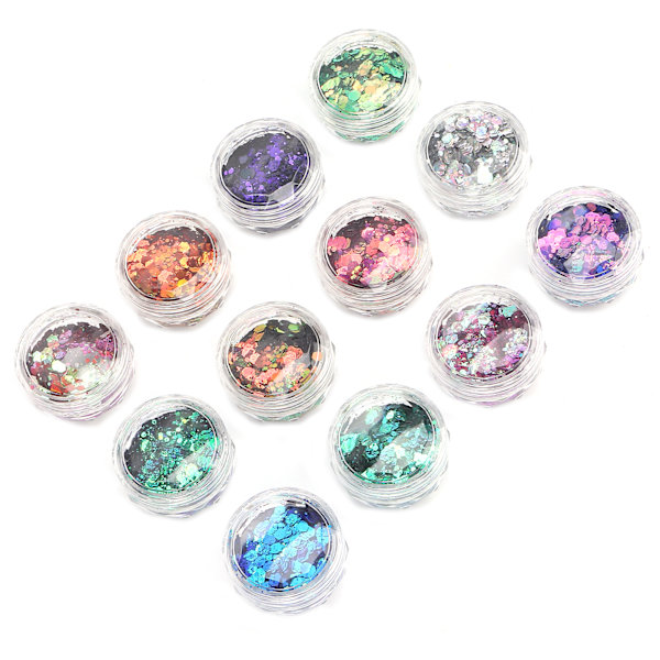 Glittrande nagelkonstglitter, paljetter, nagelpaljetter, iriserande flingor, blandade färger, nagelglitter, 12 lådor/set