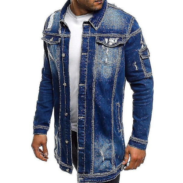 Trendig lång denimriven jacka för män - Perfekt för vår och höst M MÖRKBLÅ