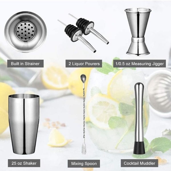 6 stk. Bartender Kit Rustfrit Cocktail Shaker Blandingsstang Bar Værktøjssæt til Drik
