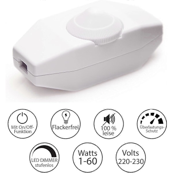 Ljusdimmer, Vridströmbrytare med 220-230V Vit Kabel, Tryckknapp för Dimbar LED_SZXM