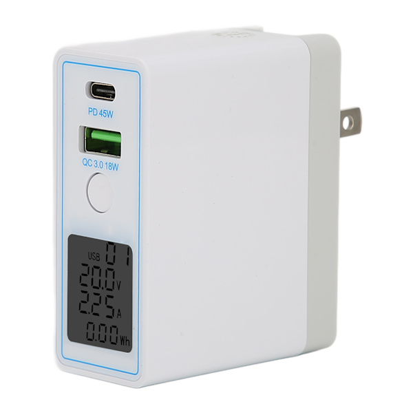 USB C vegglader PD QC 3.0 2-porters hurtigladerblokk AC100-240V med knappbryterdisplay bærbar lader US-plugg med UK-adapter