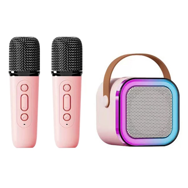 Mini Karaoke-maskin Karaoke-högtalare med trådlös mikrofon ljuseffekter Bärbart karaokesystem med batteri för hemmafest Rosa med 2 mikrofoner