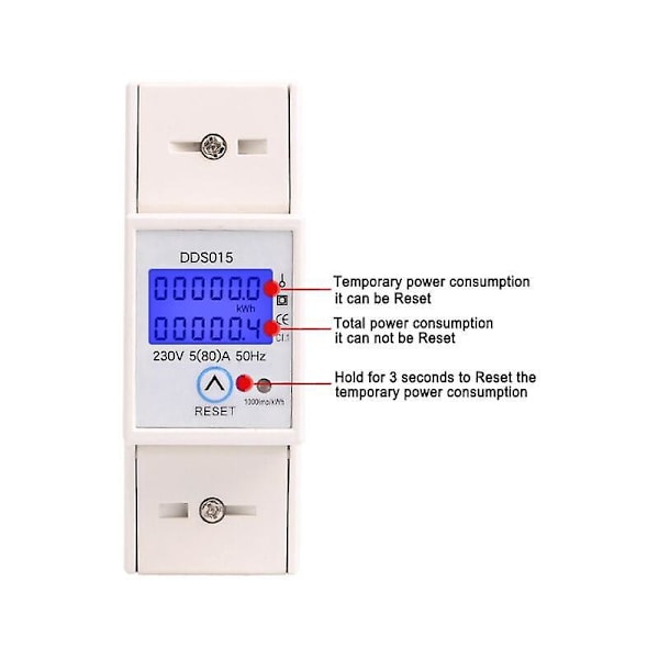 Digital Energimåler LCD Baggrundsbelyst Display 5-80A 230V 50Hz Enkeltfaset Wattmeter Skinne Montering til Måling af Elektrisk Energi