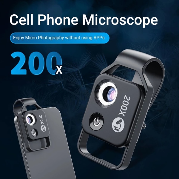 200X Zoom Telefon Minificka Mikroskop med CPL-lins LED-ljus Mobiltelefon Extern lins Bärbar telefonmikroskop Kamera Svart Black