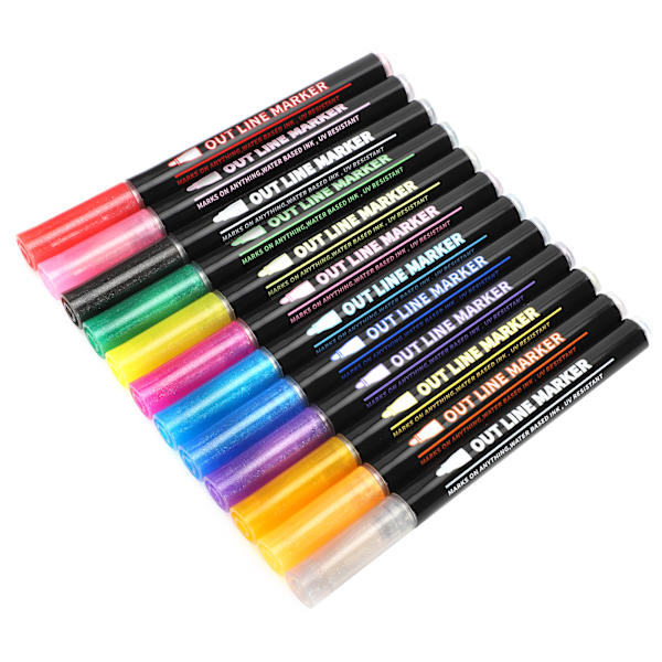 12 stk dobbeltlinjepenner fargerik håndmaling kontur stasjonær highlighter markør 12 farger