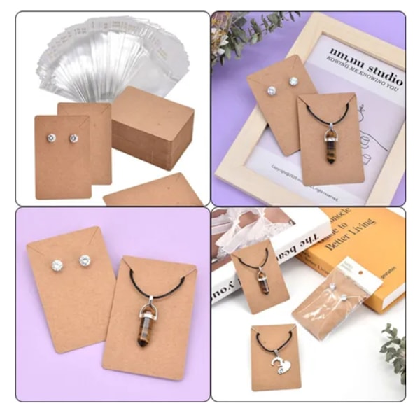 100 stk ørepyntkort 6x9cm tomt kraftpapirmerke med 100 OPP-poser for visning av halskjeder armbånd brun