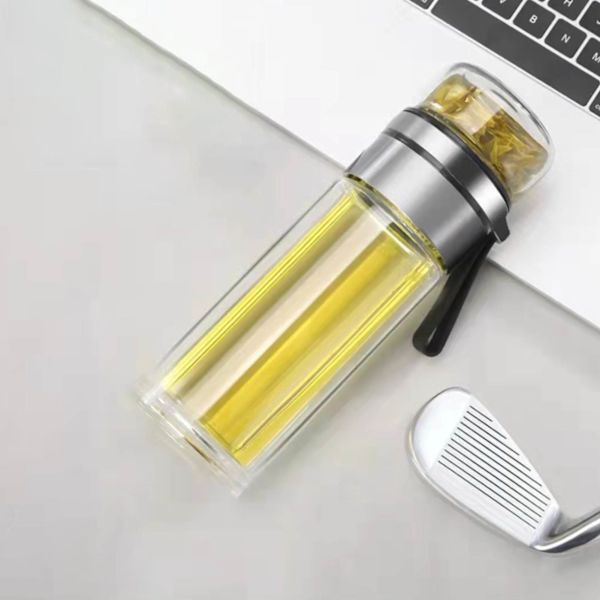 Glas Transparent Te-flaska Bärbar Te Vattenflaska Te och Vatten Separationsflaska Stålfärg