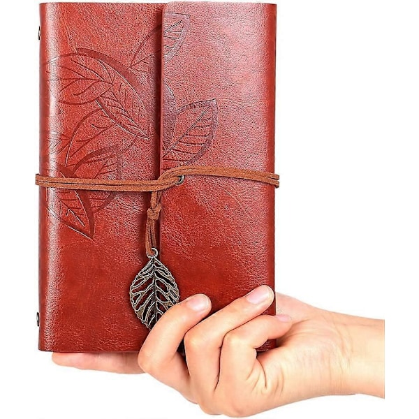 Dww-Carnet Brun i Konstläder - Vintage Resedagbok i PU-läder för Män & Kvinnor - Snöre att Linda Runt med Lövberlock - Anteckningsbok S