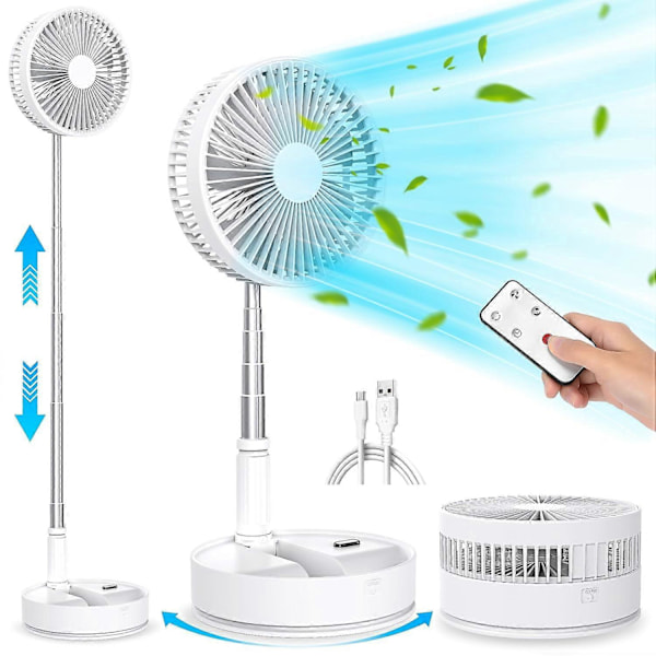 Foldbar oscillerende stående ventilator med fjernbetjening, bærbar lydsvag bordventilator, 7200mah genopladelig USB, til soveværelse kontor - GSLA Hvid