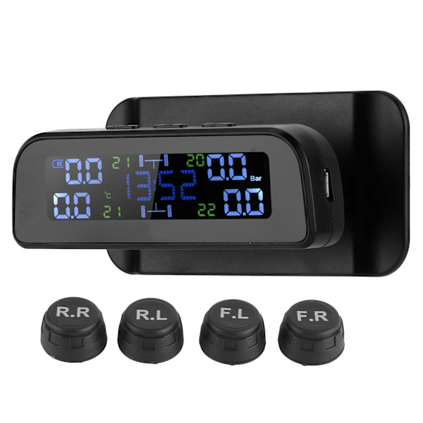 TPMS Däcktrycksövervakningssystem Solenergi och USB-laddning med 4 externa sensorer